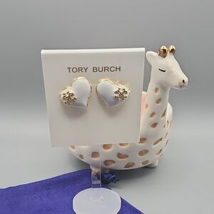 Tory Burch Gold-Trimmed White Heart Earrings